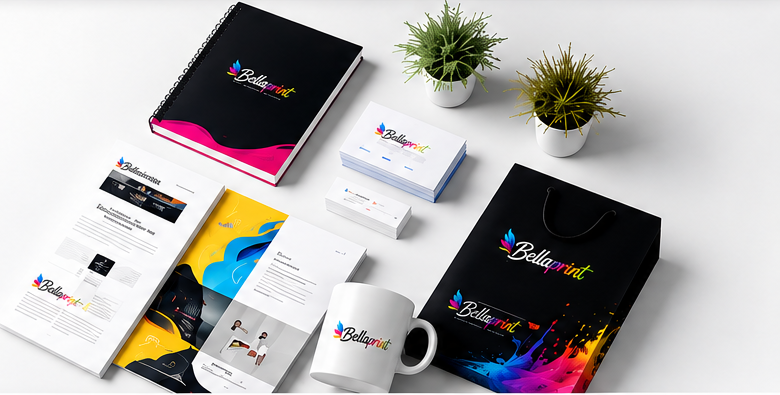Aplicaciones de marca Bellaprint en papelería y productos
